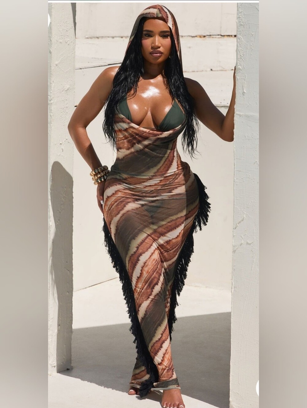 Fashion Nova Brown Tie-Dye Fringe Beach Cover-Up